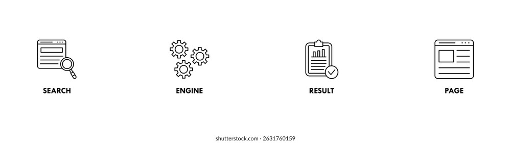 SERP banner web icon vetorial illustration concept for search engine result page with icon of web search, computer, search engine, mobile search, page result, and statistics graph (Contexto vetorial de ilustração de ícone da Web do SERP para página de resultados do mecanismo de pesquisa com ícone de pesquisa na Web, computador, mecanismo de pesquisa, pesquisa móvel, resultado de página e gráfico de estatísticas)