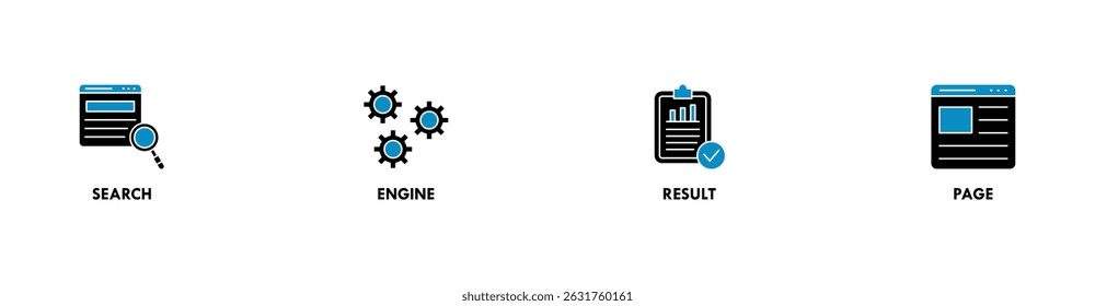 SERP banner web icon vector illustration concept for search engine result page with icon of web search, computer, search engine, mobile search, page result, and statistics graph