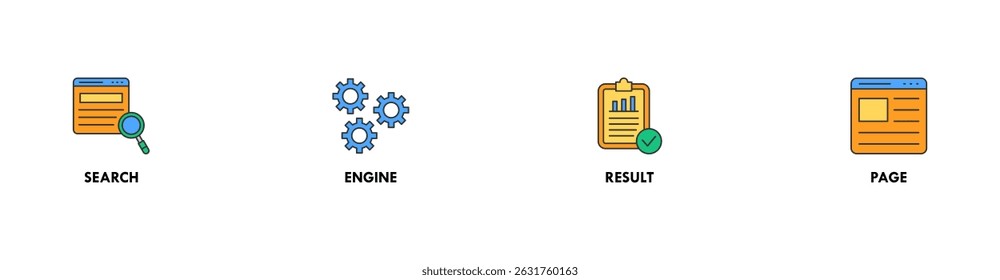 SERP banner web icon vetorial illustration concept for search engine result page with icon of web search, computer, search engine, mobile search, page result, and statistics graph (Contexto vetorial de ilustração de ícone da Web do SERP para página de resultados do mecanismo de pesquisa com ícone de pesquisa na Web, computador, mecanismo de pesquisa, pesquisa móvel, resultado de página e gráfico de estatísticas)