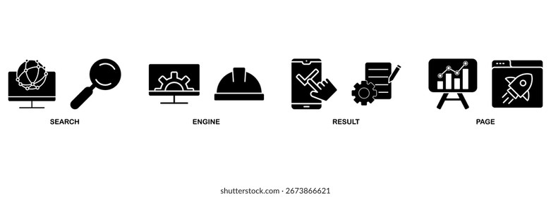 Concepto de Ilustración vectorial de icono de Web de Anuncio SERP para la página de resultados del motor de búsqueda con icono de búsqueda de Web, computadora, motor de búsqueda, búsqueda móvil, resultado de página y gráfico de estadísticas