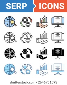 Concepto de SERP para el conjunto de iconos de página de resultados del motor de búsqueda con colección de estilos múltiples.