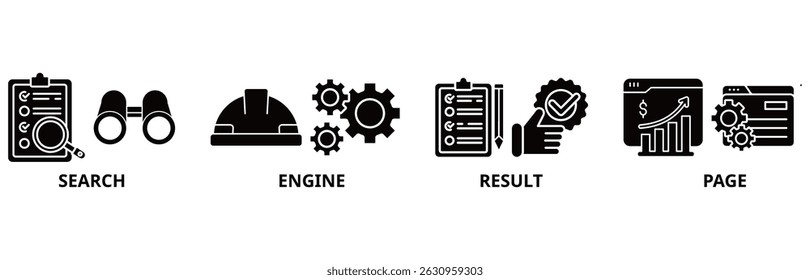 La ilustración del conjunto de iconos SERP contiene búsqueda, motor, resultado y página.