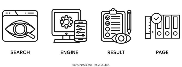 SERP icon set vector illustration concept relate to search engine result page with icon of web search, computer, search engine, mobile search, page result, and statistics graph