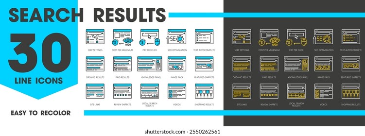 Iconos de línea SERP, página de resultados del motor de búsqueda. Costo por milenio, optimización SEO, autocompletado de texto y panel de conocimiento. Paquete de Imagen, fragmentos destacados o de revisión, Enlaces del sitio, resultados pagados u orgánicos