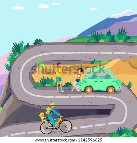 Serpantine road in  mountines with car in the parking stop and cyclist. Landscape in cute cartoon design. Advertising concept. Vector illustration.
