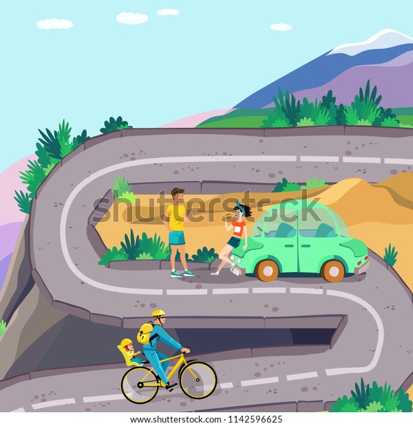 Serpantine road in  mountines with car in\
the parking stop and cyclist. Landscape in cute cartoon design.\
Advertising concept. Vector\
illustration.