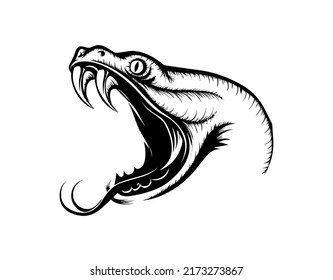 Serpent, adder, snake head, reptile and predator, wild animal, wildlife, vector, illustration in black and white color, isolated on white background
