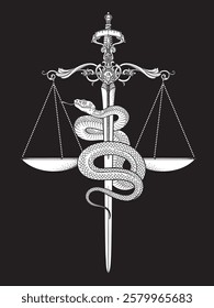 Serpent, balance scales and sword Justice and making decision concept hand drawn isolated vector illustration