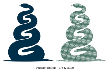 Serpent coiled in spiral shape, reptile silhouette, textured green pattern, wildlife sign