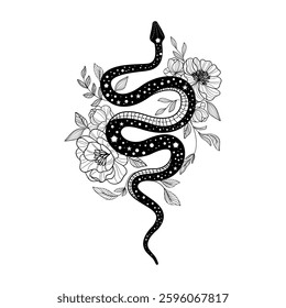 Serpent entwined in floral elegance showcasing intricate line art design