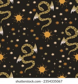 Serpent, fairy-tale characters. Stars, night. Seamless pattern. Vector illustration