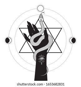 Serpent in female hands over the six pointed star line art and dot work. Boho chic tattoo, poster, tapestry or altar veil print design vector illustration