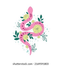 Serpiente. Serpiente floral aislada en blanco. Las rosas rosadas de serpiente rosa las flores dejan un elemento gráfico dibujado a mano. Fase lunar. Impresión de serpientes celestiales. Ilustración vectorial botánica. Serpiente espiritual. Afiche del reptil