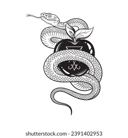 Serpent with the forbidden fruit from the tree of knowledge with the sigil of Lucifer line art and dot work. Boho chic tattoo, poster, tapestry or altar veil print design vector illustration