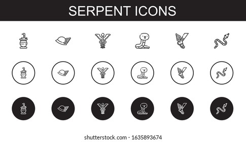 serpent icons set. Collection of serpent with snake, hermes, caduceus. Editable and scalable serpent icons.