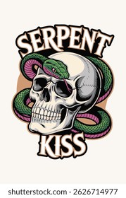 Serpent Kiss Skull T-shirt Design Vector