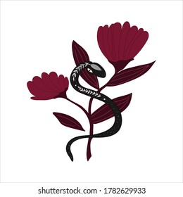 Serpent with leaves and dots and mystery flowers. Boho style. Magic fantasy spiritual concept	
