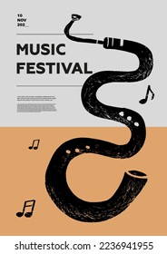 Serpent. Music festival poster. Wind musical instruments. Competition. A set of vector illustrations. Minimalistic design. Banner, flyer, cover, print.