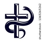 Serpent on a Cross vintage tattoo, snake wraps around Christian cross, God and Devil allegory, the struggle between good and evil, symbolic vector illustration logo or emblem.