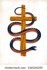 Serpent on a Cross vintage tattoo, snake wraps around Christian cross, God and Devil allegory, the struggle between good and evil, symbolic vector illustration logo or emblem.