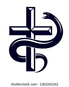 Serpent on a Cross vintage tattoo, snake wraps around Christian cross, God and Devil allegory, the struggle between good and evil, symbolic vector illustration logo or emblem.
