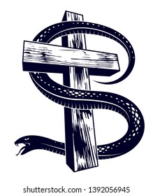 Serpent on a Cross vintage tattoo, snake wraps around Christian cross, God and Devil allegory, the struggle between good and evil, symbolic vector illustration logo or emblem.