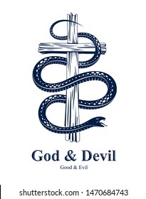 Serpent on a Cross vintage tattoo, snake wraps around Christian cross, God and Devil allegory, the struggle between good and evil, symbolic vector illustration logo or emblem.