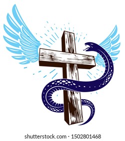 Serpent on a Cross vintage tattoo, snake wraps around Christian cross, God and Devil allegory, the struggle between good and evil, symbolic vector illustration logo or emblem.