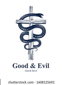 Serpent on a Cross vintage tattoo, snake wraps around Christian cross, God and Devil allegory, the struggle between good and evil, symbolic vector illustration logo or emblem.