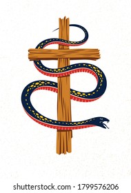 Serpent on a Cross vintage tattoo, snake wraps around Christian cross, God and Devil allegory, the struggle between good and evil, symbolic vector illustration logo or emblem.