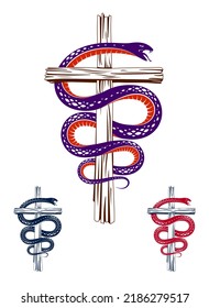 Serpent on a Cross vintage tattoo, snake wraps around Christian cross, God and Devil allegory, the struggle between good and evil, symbolic vector illustration logo or emblem.