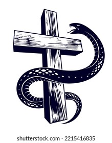 Serpiente en un tatuaje de cruz vintage, la serpiente envuelve alrededor de la cruz cristiana, la alegoría de Dios y el diablo, la lucha entre el bien y el mal, el logo o emblema de la ilustración simbólica del vector.