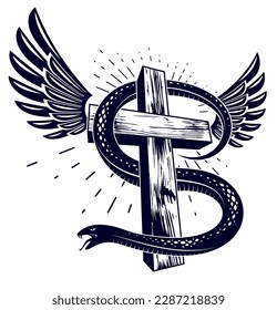 Serpent on a Cross vintage tattoo, snake wraps around Christian cross, God and Devil allegory, the struggle between good and evil, symbolic vector illustration logo or emblem.