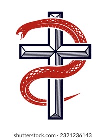 Serpiente en un tatuaje de cruz vintage, la serpiente envuelve alrededor de la cruz cristiana, la alegoría de Dios y el diablo, la lucha entre el bien y el mal, el logo o emblema de la ilustración simbólica del vector.