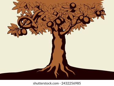 Serpent on the tree. Knowledge of good and evil. Vector drawing