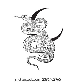 Serpent over the crescent moon line art and dot work. Boho chic tattoo, poster, tapestry or altar veil print design vector illustration