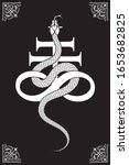 Serpent over the Leviathan Cross alchemical symbol of sulphur line art and dot work. Boho chic tattoo, poster, tapestry or altar veil print design vector illustration