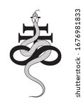 Serpent over the Leviathan Cross alchemical symbol of sulphur line art and dot work. Boho chic tattoo, poster, tapestry or altar veil print design vector illustration