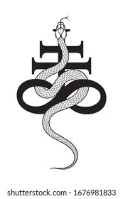 Serpent over the Leviathan Cross alchemical symbol of sulphur line art and dot work. Boho chic tattoo, poster, tapestry or altar veil print design vector illustration