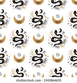 Serpent pattern. Floral snake moon seamless pattern. Mystic celestial serpent background. Botanical snake texture. Hand drawn wildflowers, leaves, moon. Gold, black snake. Reptile vector illustration.