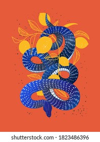 Serpent  Snake hand drawn vector illustration and grunge texture for poster  t  shirt print  cover  A bright mystical poster snake wrapped around citrus tree 