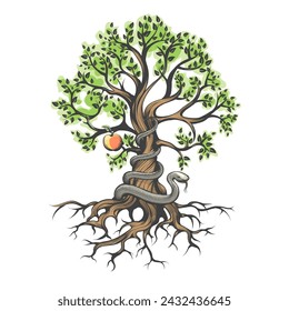 Serpent Tempter Wraps Around a Tree of the Knowledge of Good and Evil isolated on white vector illustration. No AI was used.
