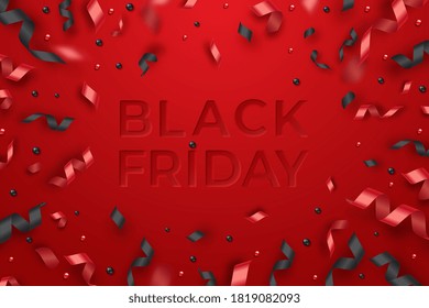 Serpentine, balls and red ribbons. Black friday sale vector template. Neumorphism style text