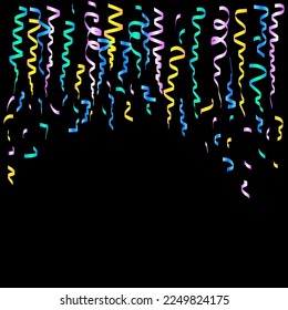 Serpentine black background. Party, birthday background, confetti, festive, surprise. Vector illustration.