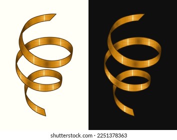 Serpentine carnival ribbon. Golden streamer on white, black background for gift, greeting, festive design. Design element with halftone in retro style