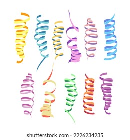 Serpentine carnival ribbons set. Colorful paper streamers for gift, greeting, festive design. Vector illustration isolated on white