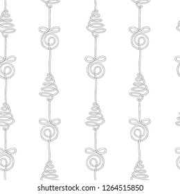Serpentine Christmas in the form of Christmas trees and Christmas toys. Seamless background for gift wrapping, Wallpaper, Christmas accessories. New-year background. Hand drawing, doodles.