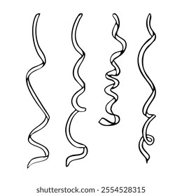 Serpentine curled confetti ribbons black and white vector illustration set for Christmas Holidays, birthday party or Purim celebration in simple doodle ink sketch style