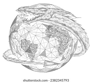Serpentine dragon encircling the planet. Low-poly design of lines and dots.
