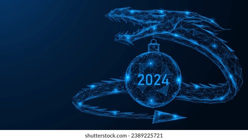 Serpentine dragon holds a glass ball with the number 2024 in its mouth. Polygonal design of interconnected lines and points. Blue background.